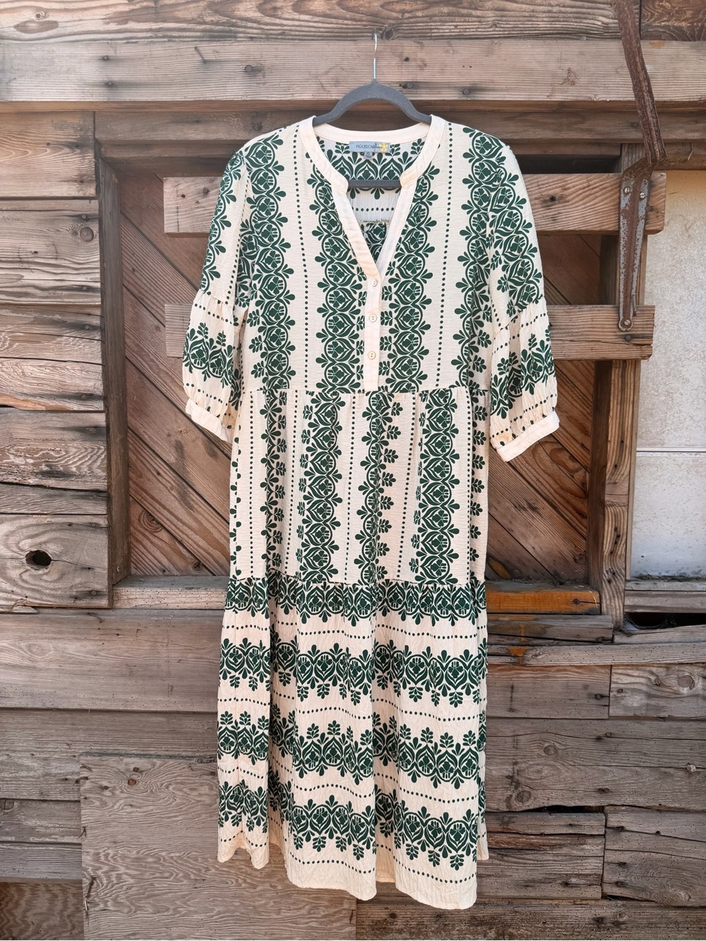 Cream Midi Dress with Green Floral Stripe Print